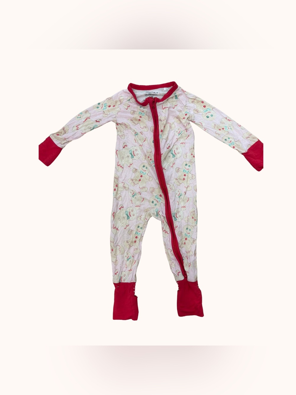 Holiday Gingerbread Print Footed One-Piece with Red Trim